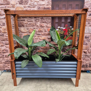 Front view of the Mr Fox in a Box wicking planter box, highlighting its modern design and efficient self-watering features for organic gardening.