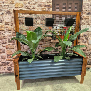 Front view of the Mr Fox in a Box wicking planter box featuring an elegant lattice design, showcasing its innovative self-watering system and contemporary garden style.