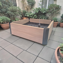 Load image into Gallery viewer, Composite timber raised garden bed layouts with measurements for modular vegetable garden beds using the WaterUps wicking system