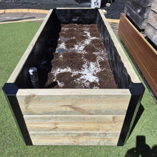 Load image into Gallery viewer, Heavy-duty steel sleeper bracket installed on a wooden raised garden bed frame